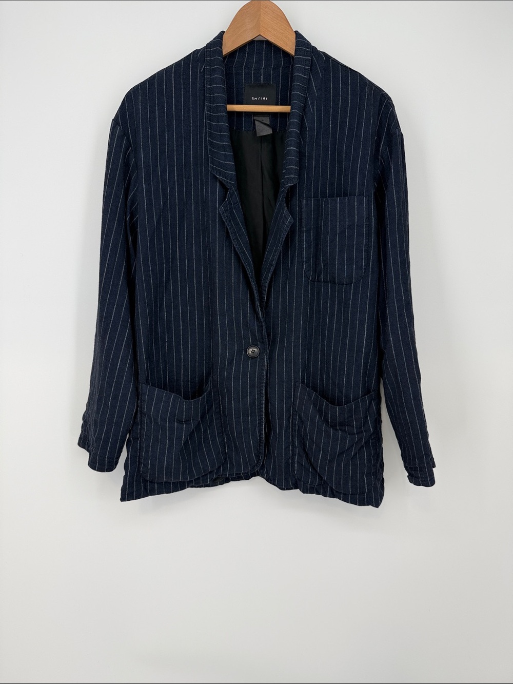 SMYTHE Navy Pinstripe Linen Single-Button Blazer Size Large